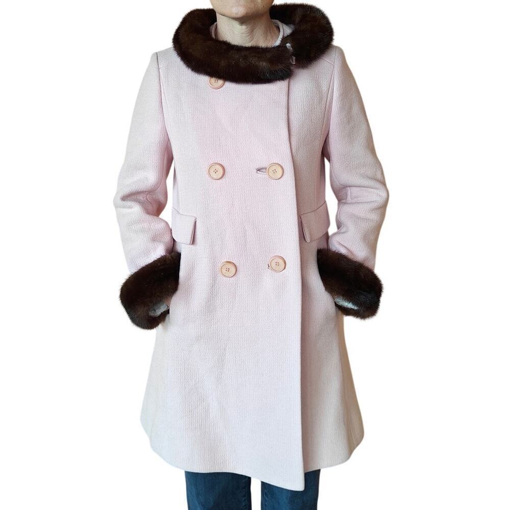 Vintage Blush Pink Wool Coat w Fur Trim Collar Cuffs Fully Lined
